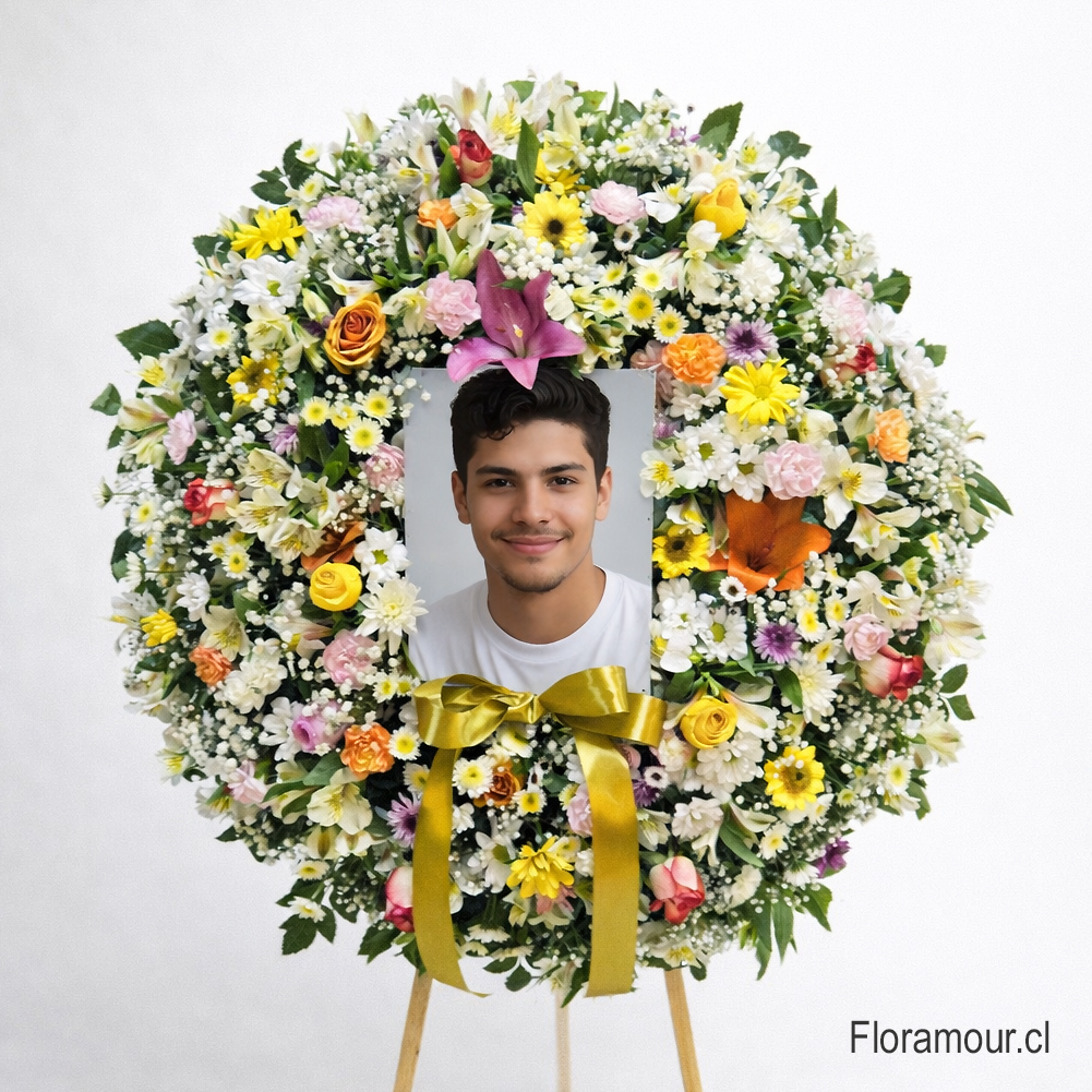 Bella ofrenda floral autoestable con imagen. (Se puede personalizar con fotos y logotipos corporativos)